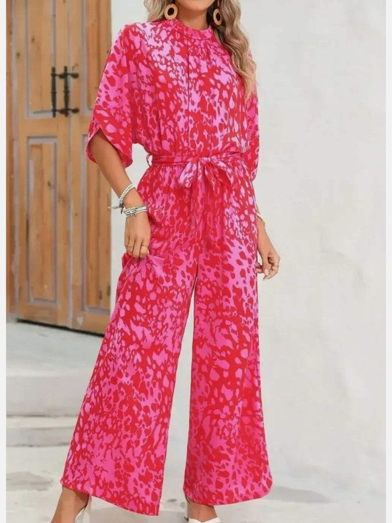Pants - Pink Rose Leopard Print Tulip Sleeve Belted Wide Leg Jumpsuit Sz XL